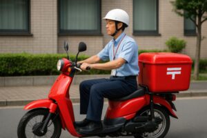 赤いスクーターで郵便配達するドライバー