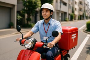 笑顔で配達業務にあたる若い郵便配達員