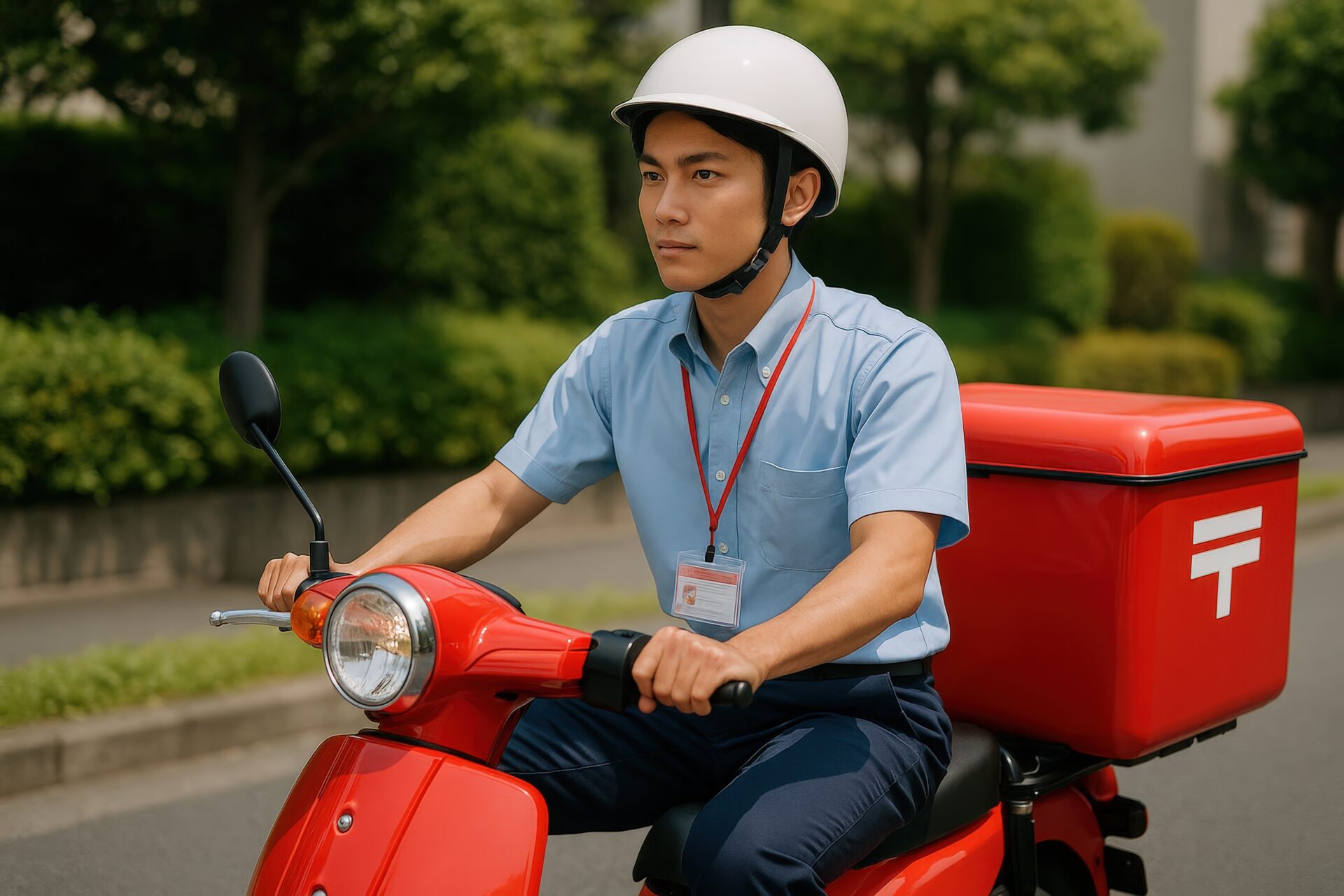 郵便バイクに乗る若い郵便局員