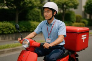 郵便バイクに乗る若い郵便局員