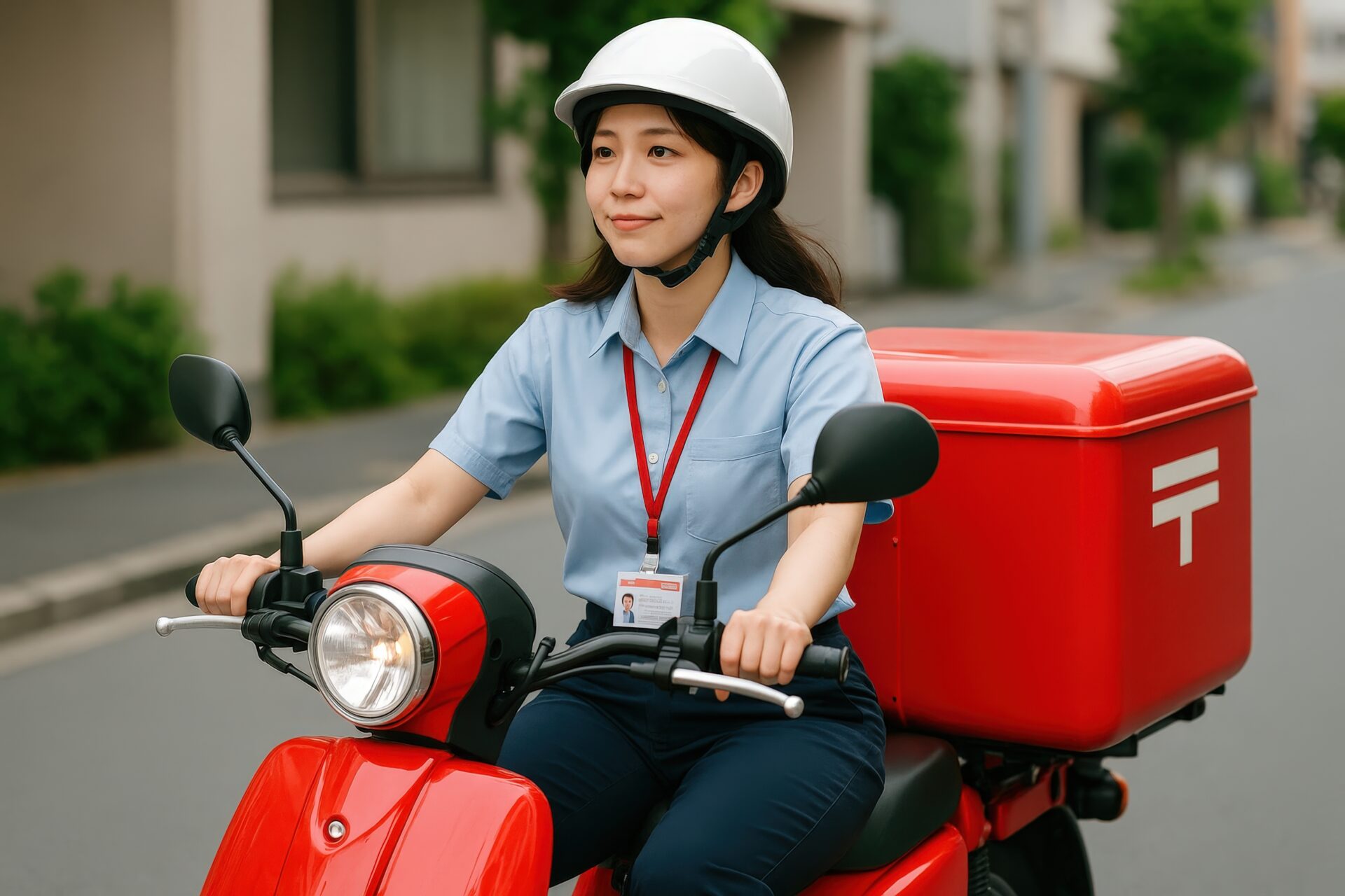 赤い郵便バイクで配達する女性局員