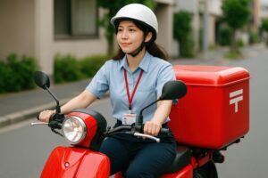 赤い郵便バイクで配達する女性局員