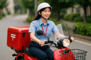 郵便物を届ける笑顔の女性ドライバー