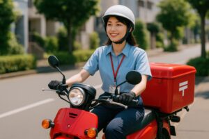 赤いバイクで走行中の郵便局の女性職員