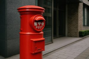 ビルの前に設置された丸型の赤いポスト