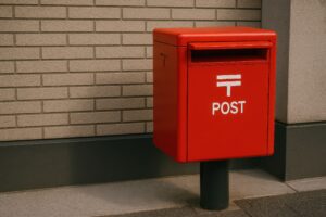 住宅街の壁際にある赤い郵便ポスト