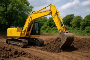 土を掘り起こす黄色いバックホー