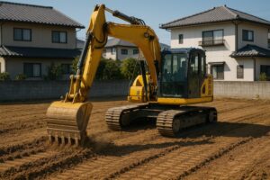 造成地で稼働中のショベルカー