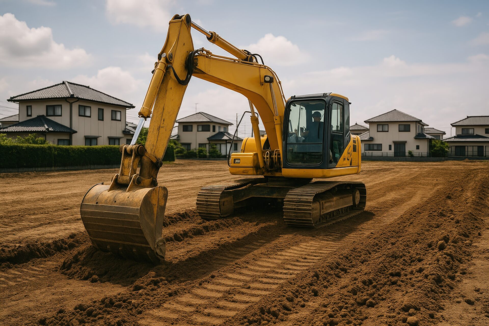 住宅街の造成現場で作業するユンボ