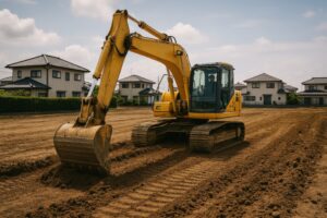 住宅街の造成現場で作業するユンボ
