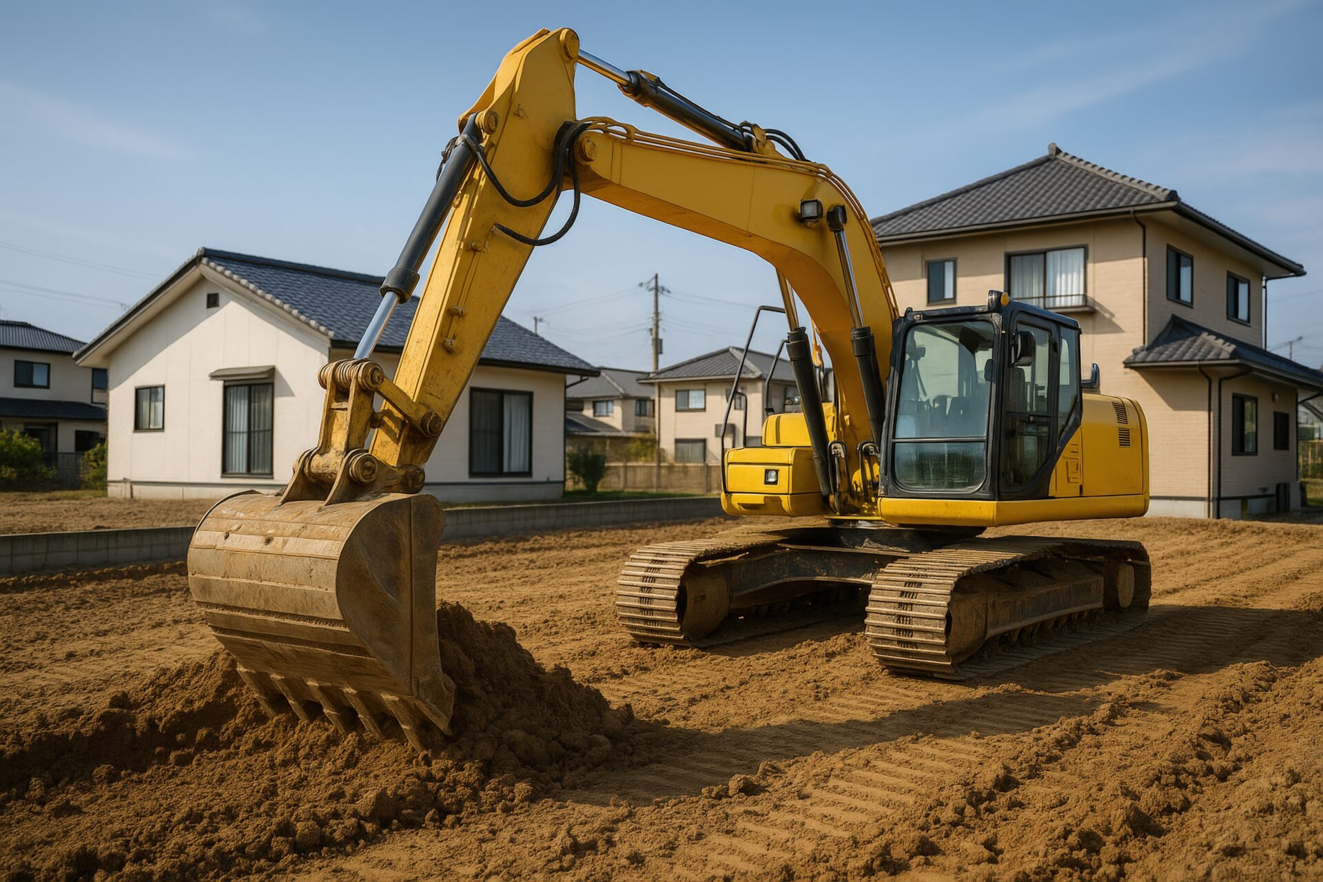 住宅地で整地を行うショベルカー