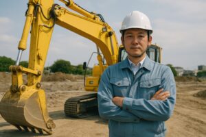 工事現場で腕を組む土木作業員