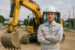 ショベルカー前でポーズを取る現場作業員