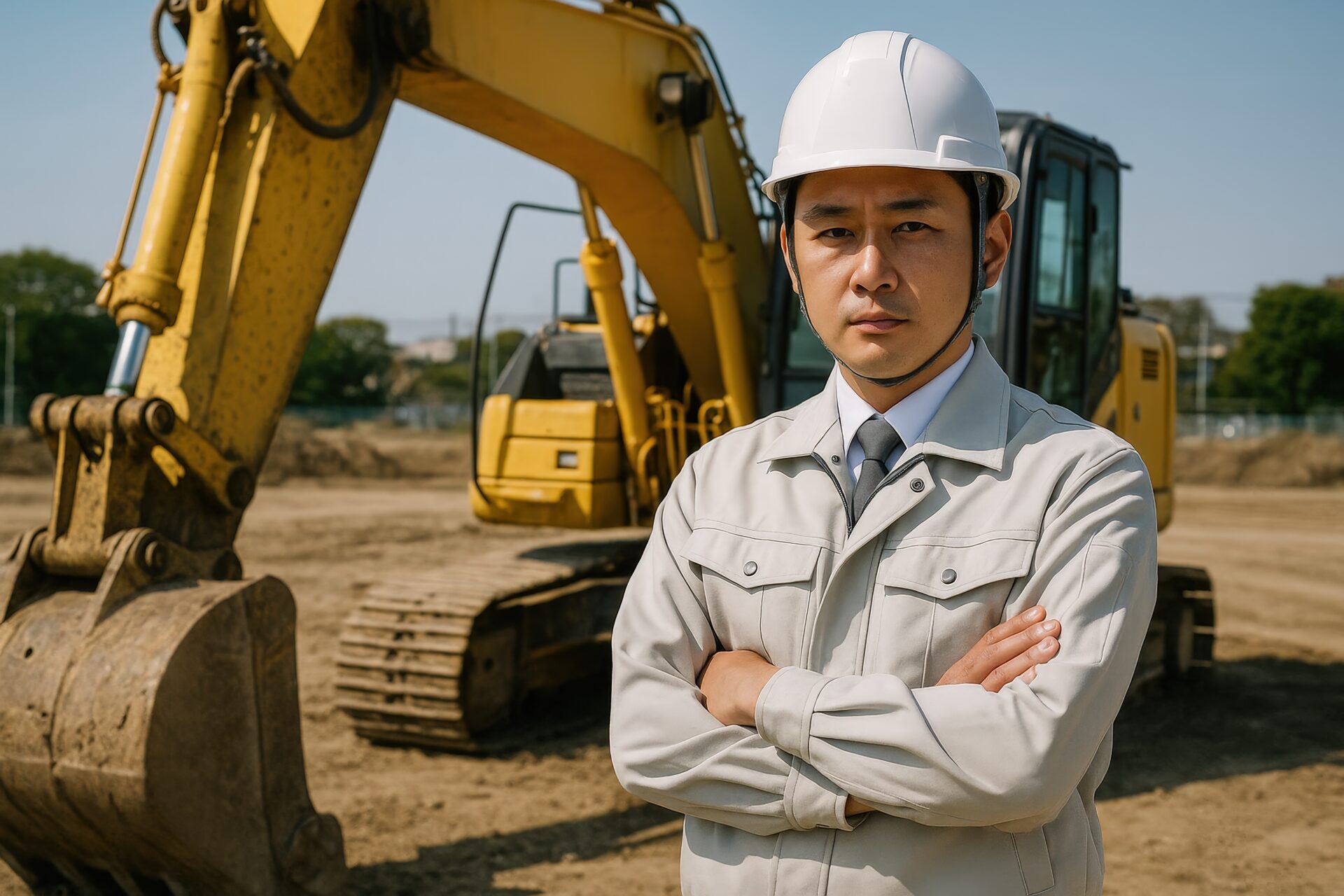 バックホー前に立つ建設現場の男性作業員