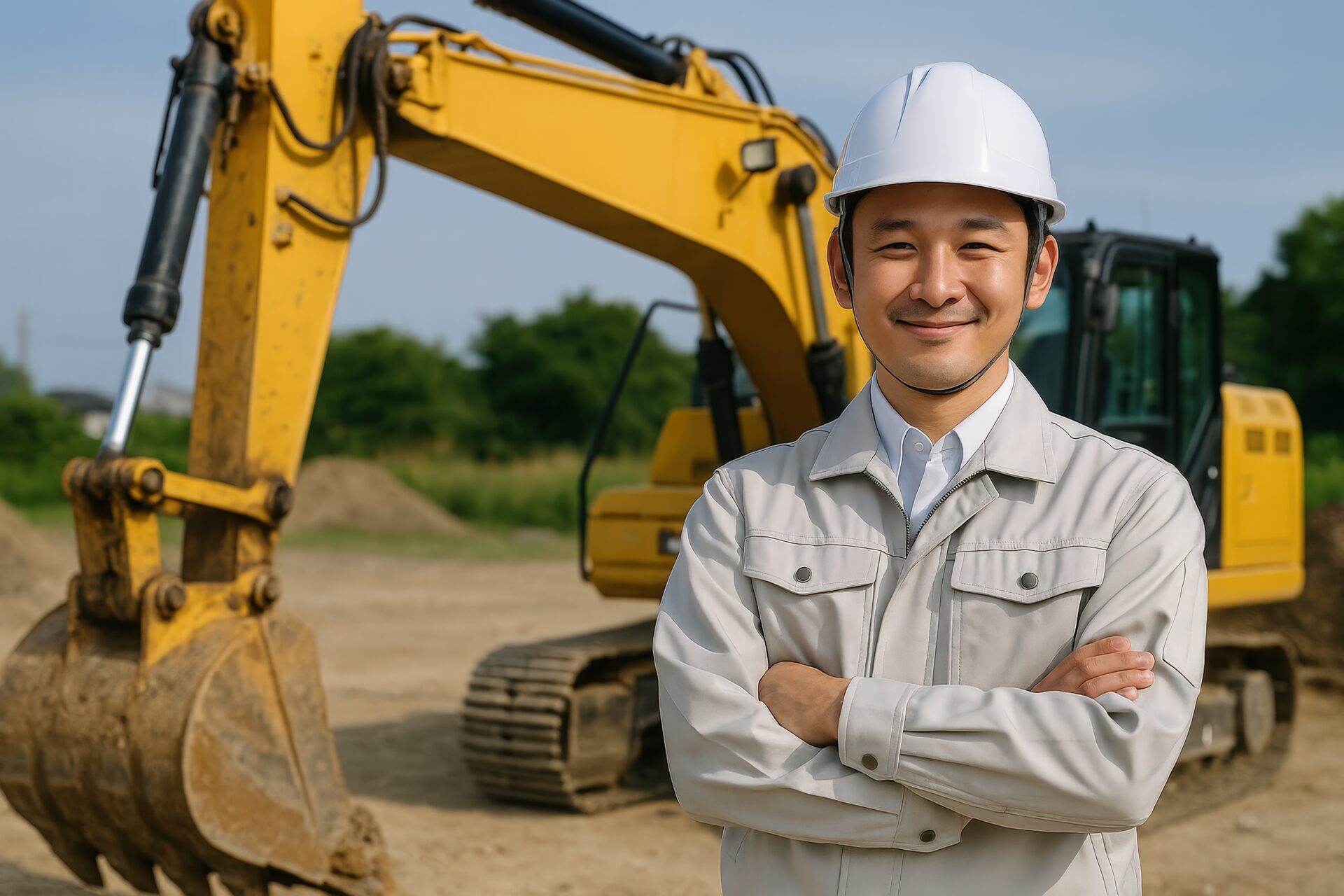 現場で笑顔を見せるユンボオペレーター