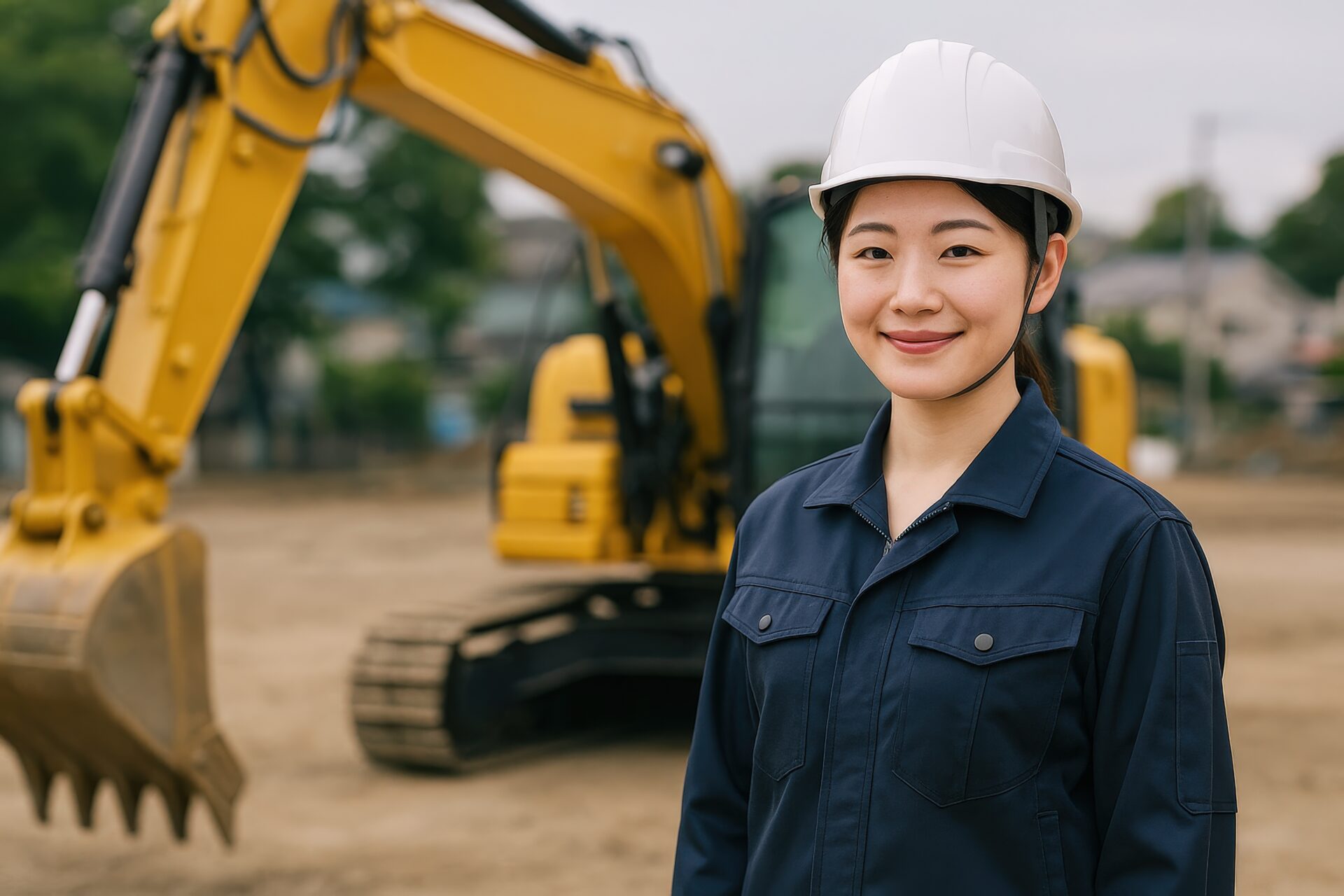 ユンボの前で微笑む女性作業員