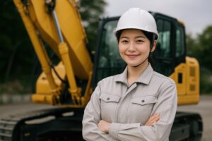 バックホーを背に立つ女性オペレーター
