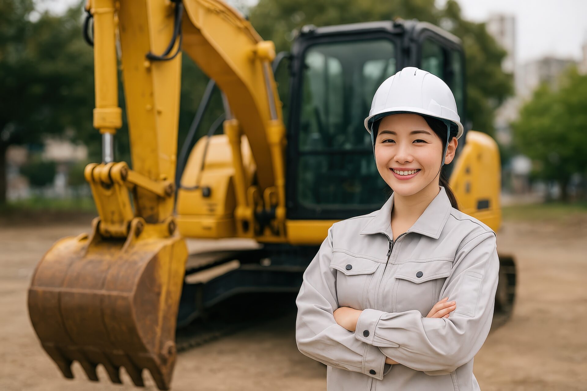 工事現場の女性重機オペレーター
