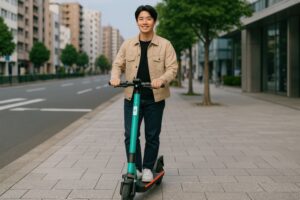 街中を電動キックボードで走る若い男性