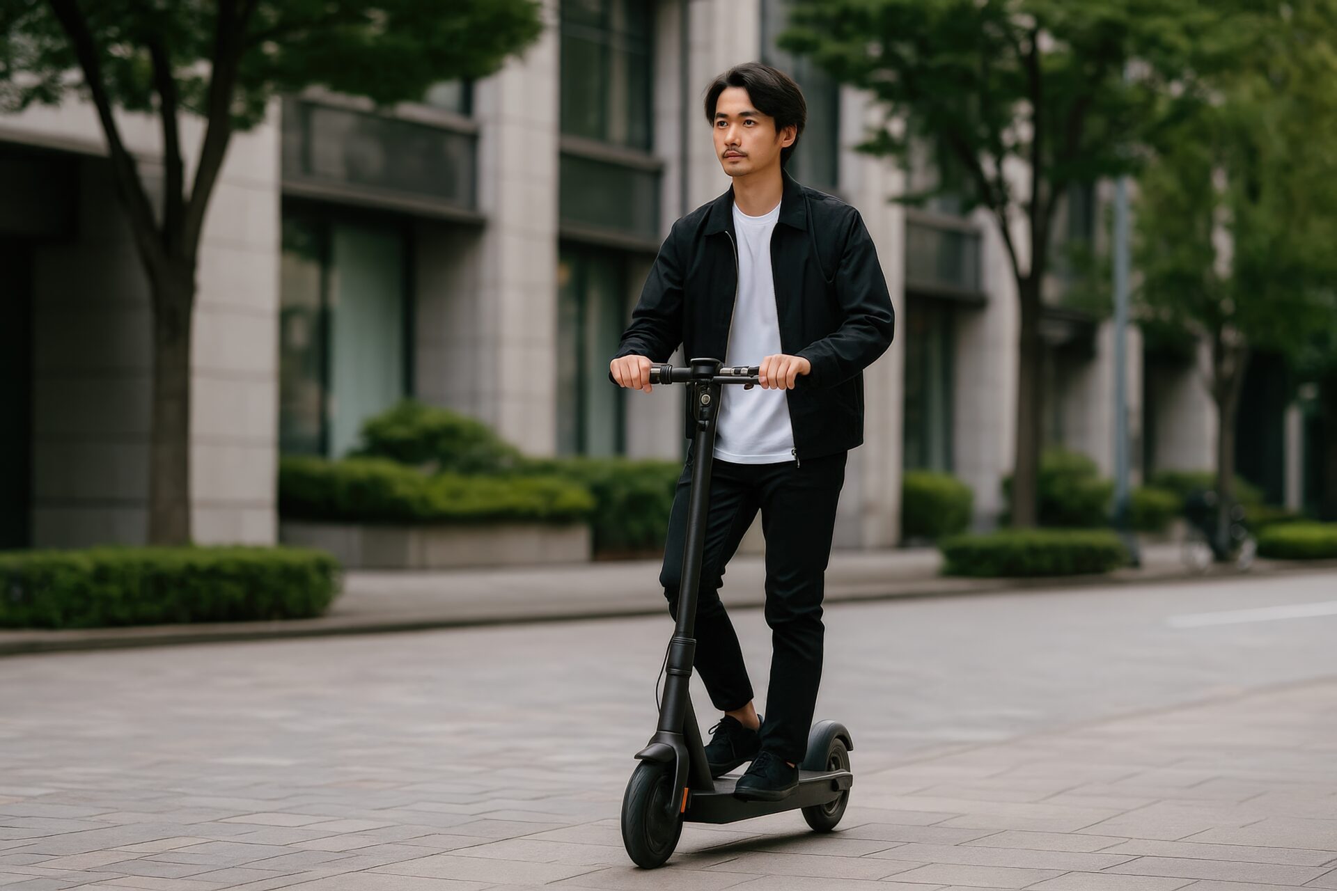 電動キックボードで通勤中の若い男性