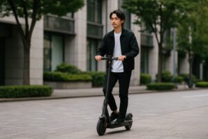 電動キックボードで通勤中の若い男性