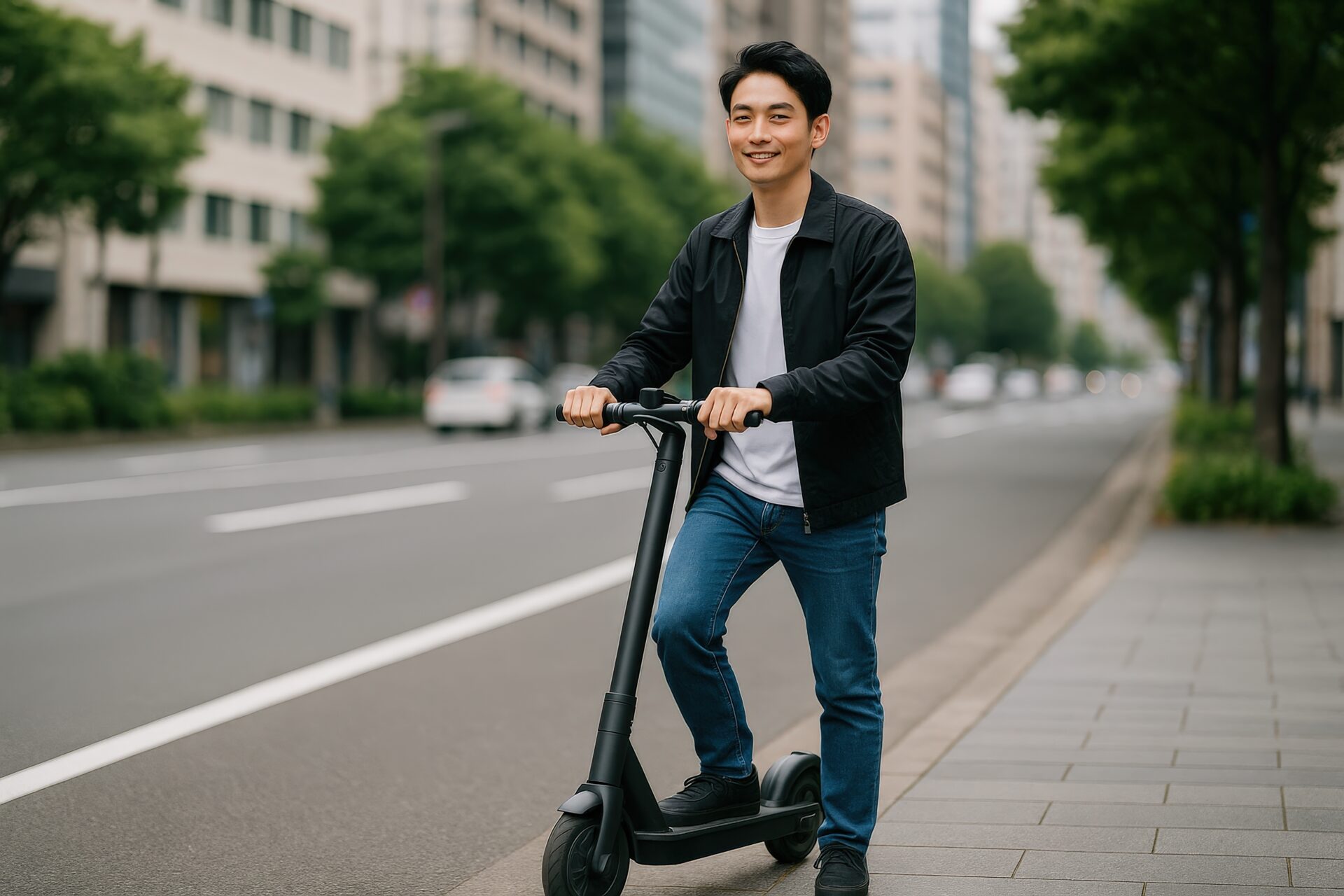 都市の歩道を電動キックボードで走る男性