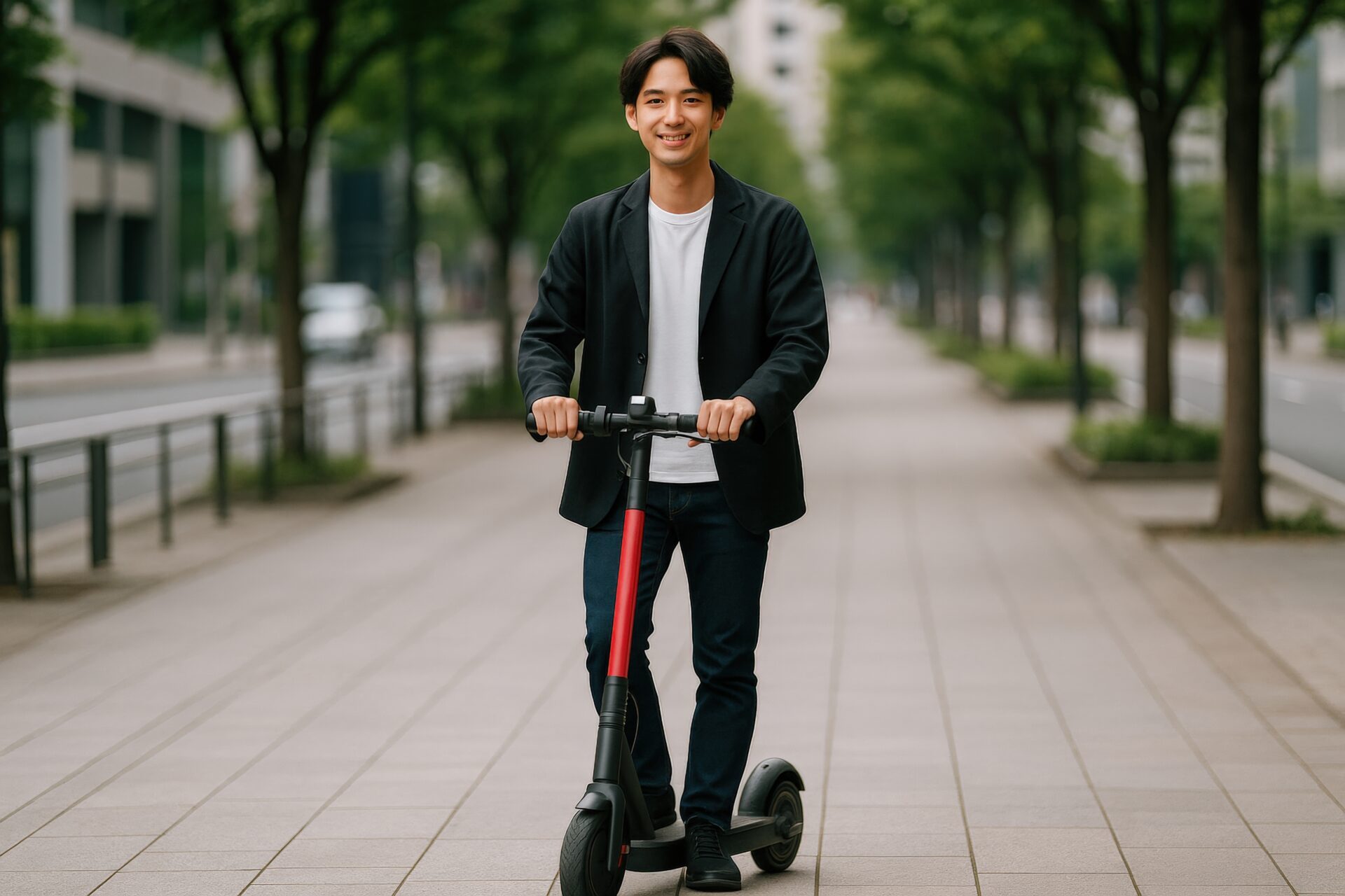 スーツスタイルで電動キックボードに乗る男性