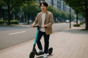 ビジネスカジュアルの男性が電動キックボードに乗る様子