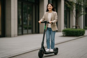 ビジネスウーマンが電動キックボードで移動中