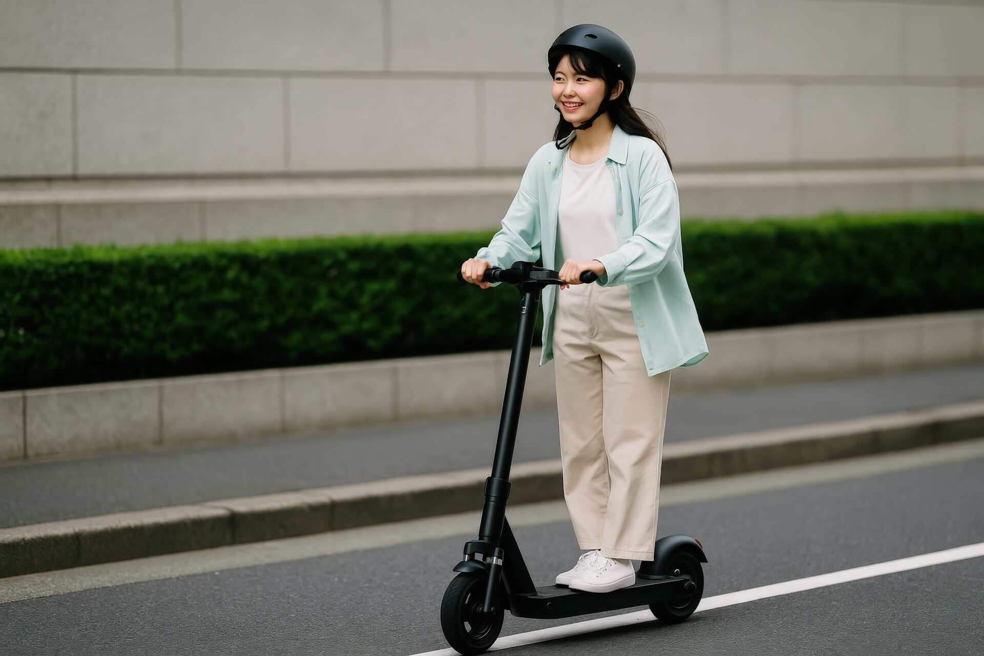 ヘルメットを着用して電動キックボードに乗る女性