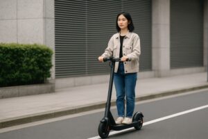 街を走行する電動キックボードの女性