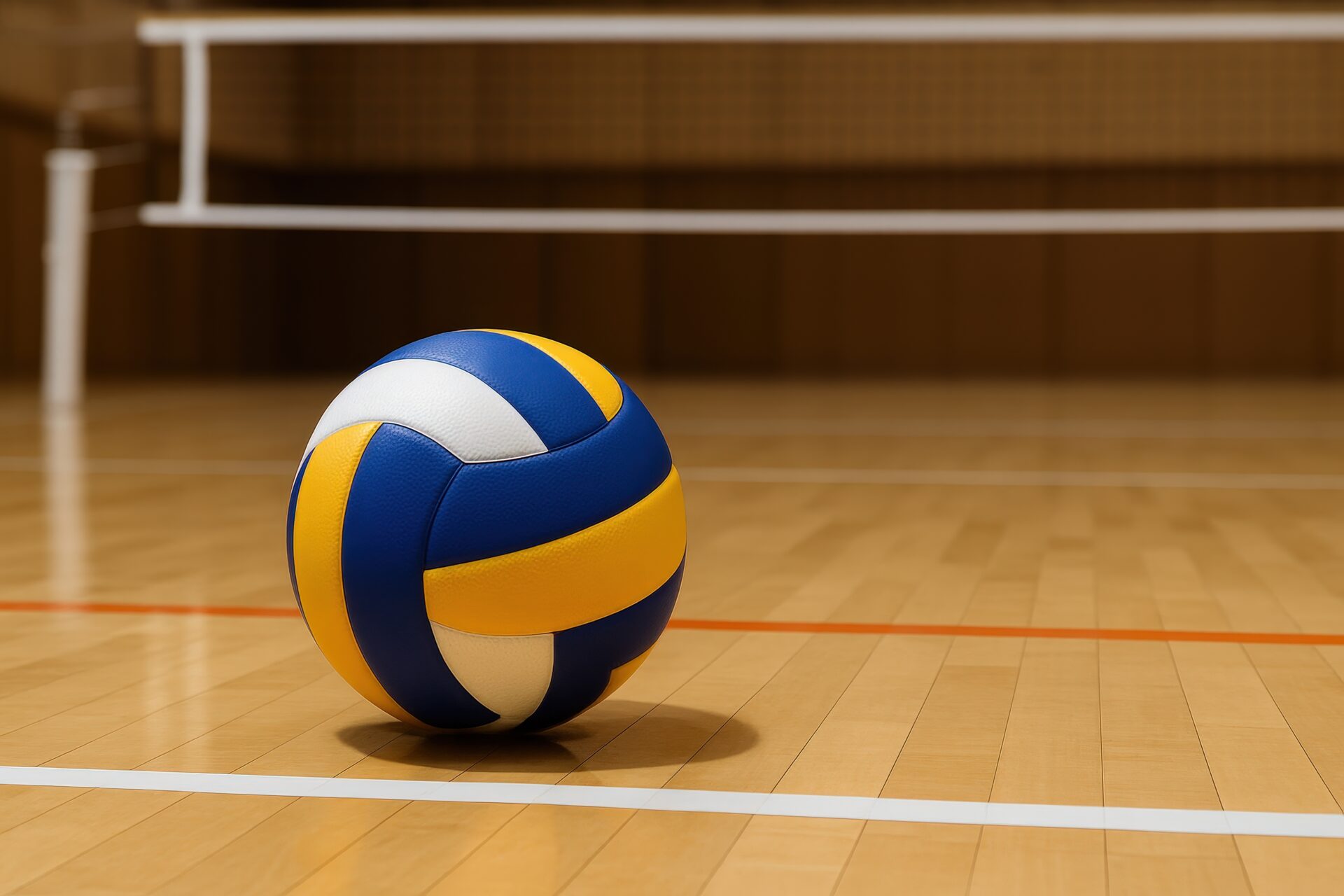 白黄青のバレーボールと体育館のネット