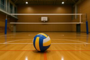 ネット前に転がる青黄白バレーボール