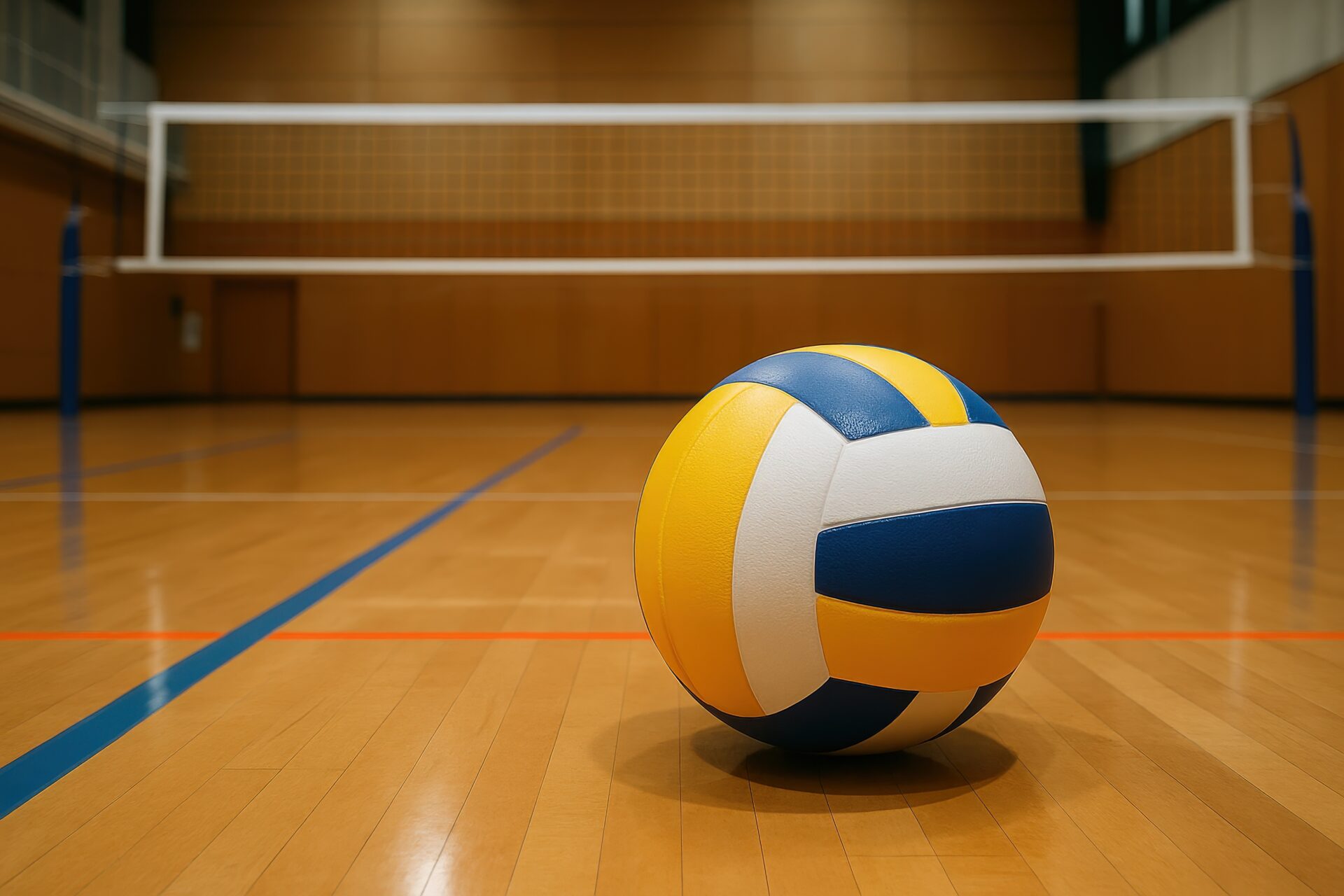 明るい体育館に置かれた黄青白のバレーボール