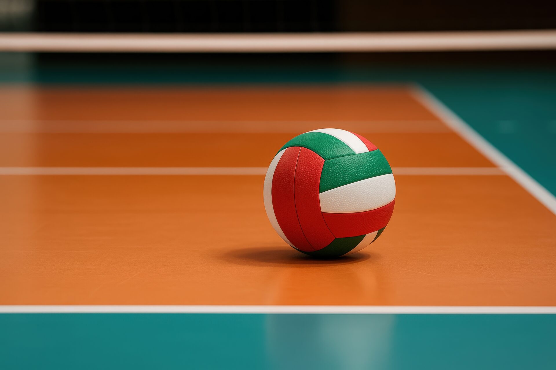 国際試合風のコートに置かれた赤緑白バレーボール