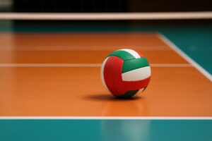 国際試合風のコートに置かれた赤緑白バレーボール