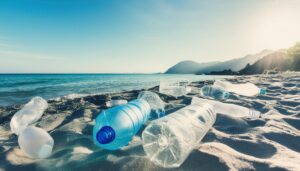 砂浜に落ちたペットボトルと廃棄物