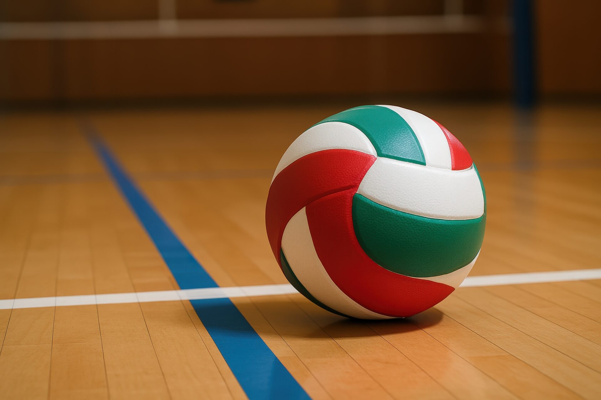 青ラインの上に置かれた赤緑白のバレーボール