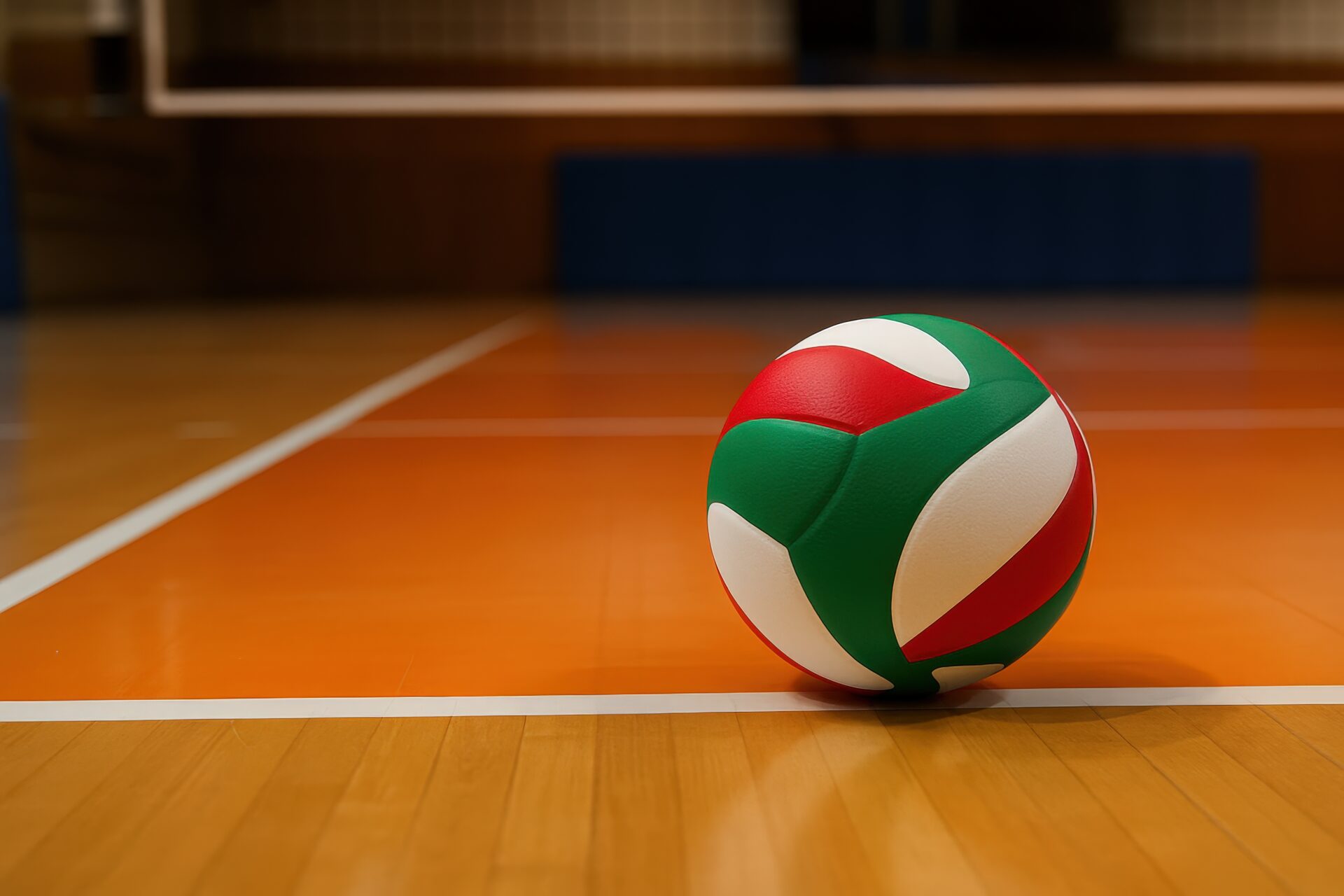 オレンジの床に転がる赤緑白のバレーボール