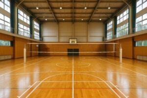 木製フロアの体育館に設置されたバレーコート