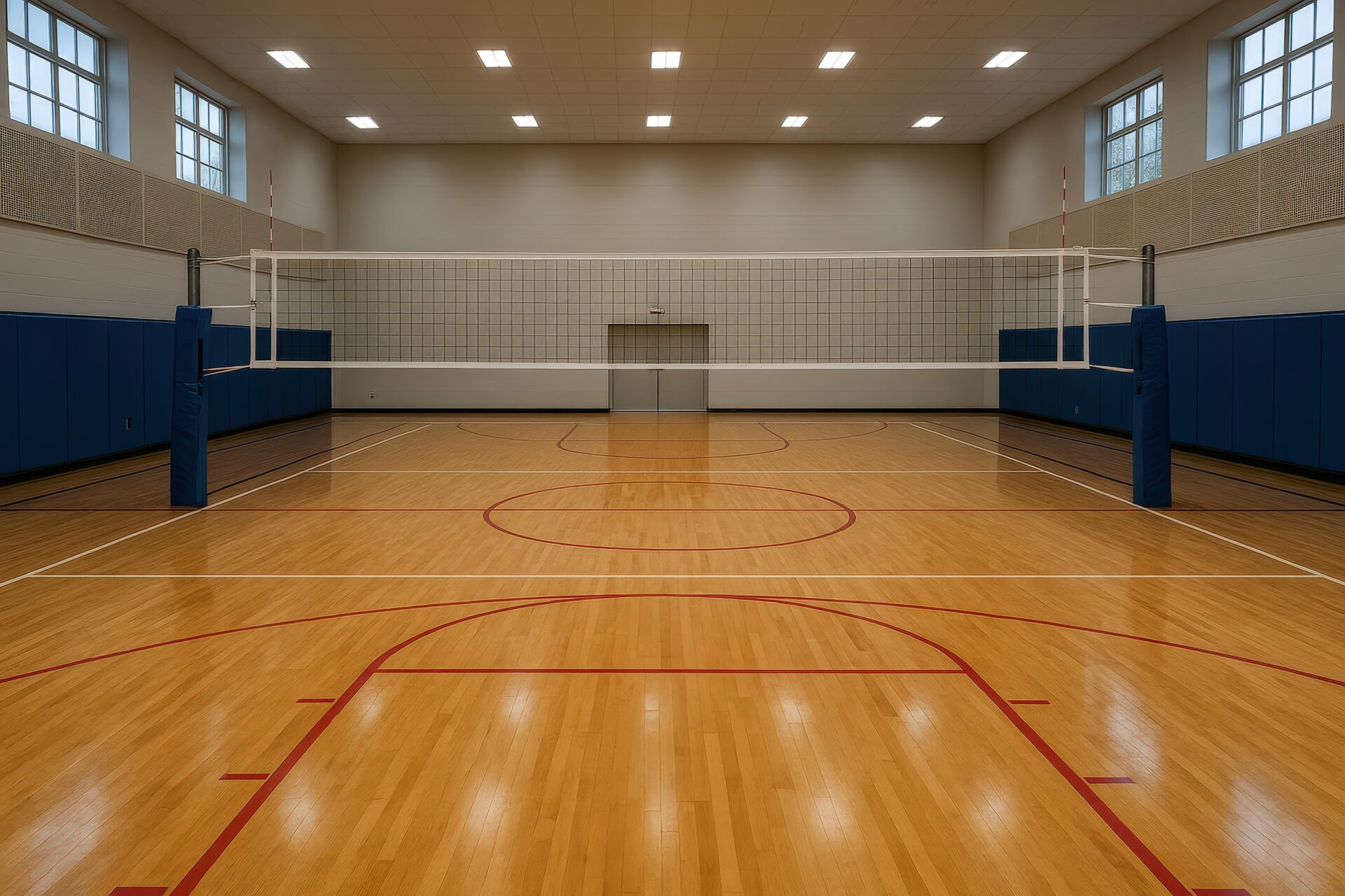 赤いラインが引かれた体育館のバレーボールコート