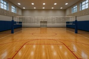 赤いラインが引かれた体育館のバレーボールコート