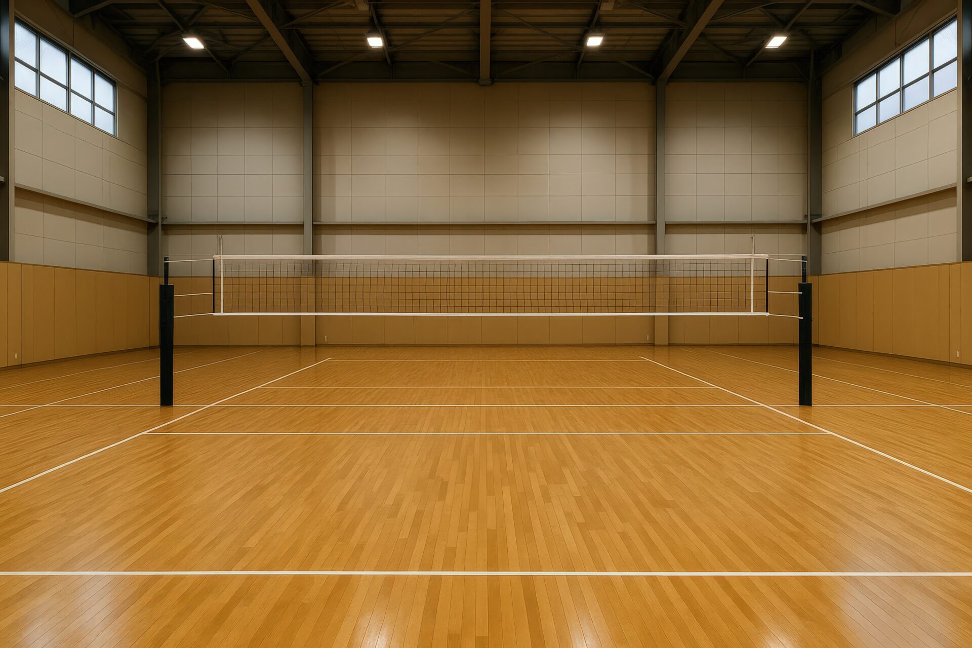 照明が明るい室内のバレーコート