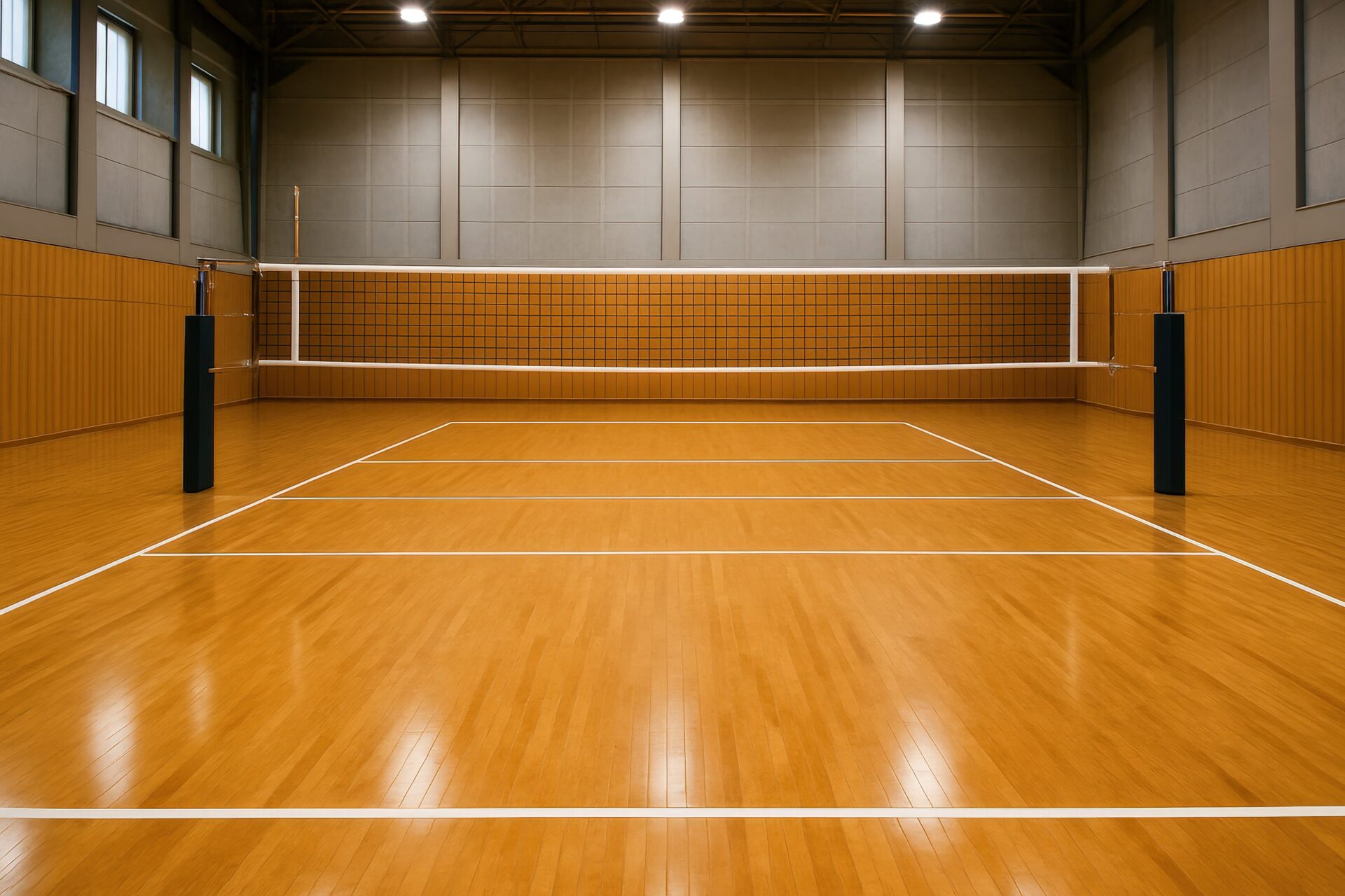 無人の体育館にあるバレーボールコート