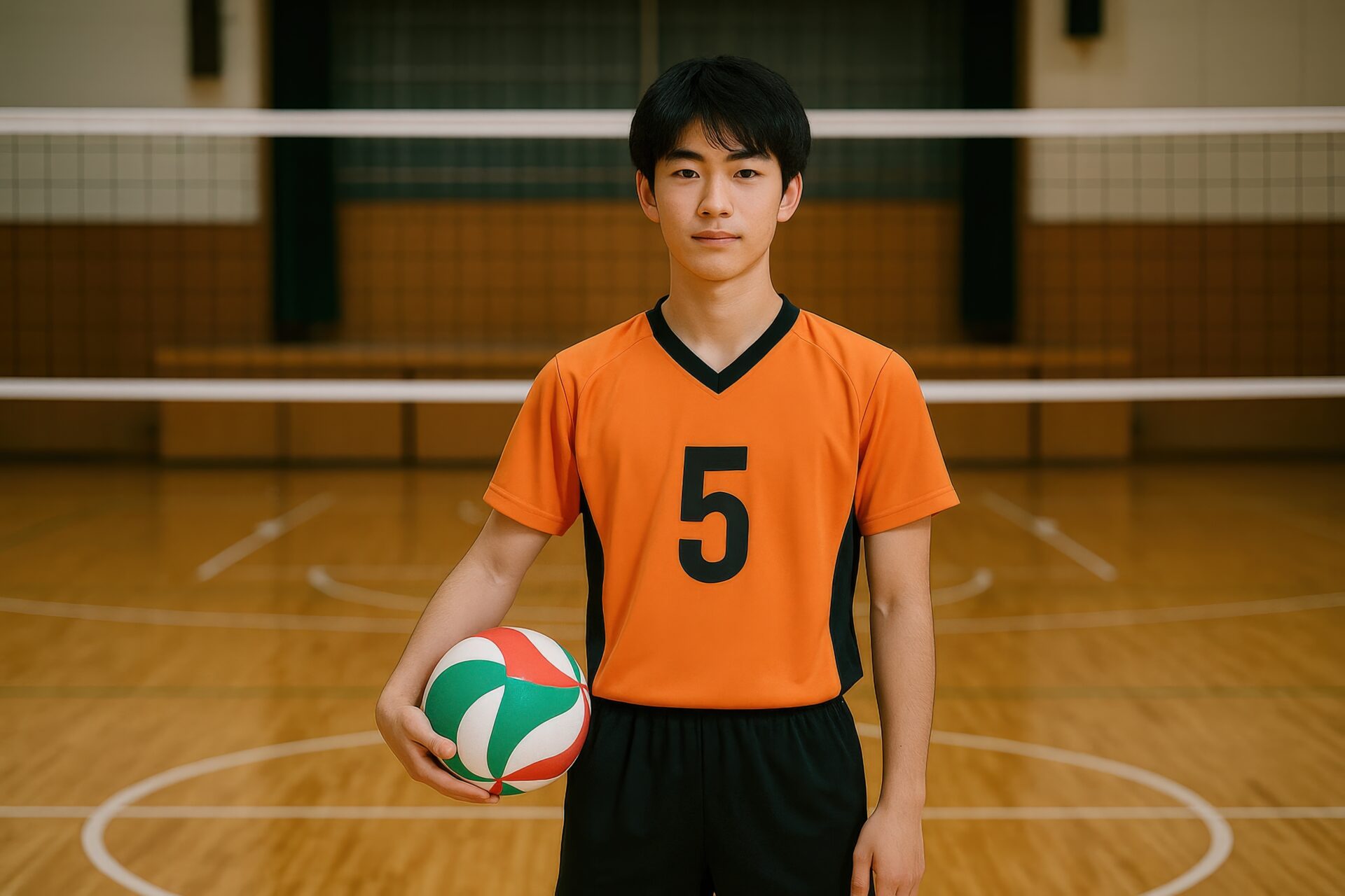 バレーボールを持って体育館に立つオレンジのユニフォームの高校生