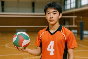 バレーボールを片手に持つオレンジユニフォームの高校生