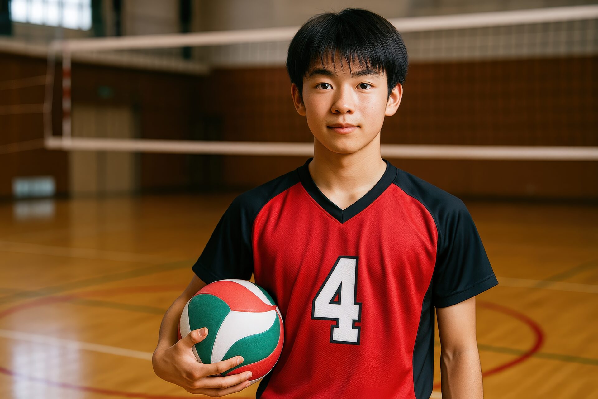赤いユニフォームでバレーボールを持つ男子高校生