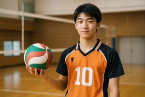 オレンジのユニフォーム姿でバレーボールを持つ高校生