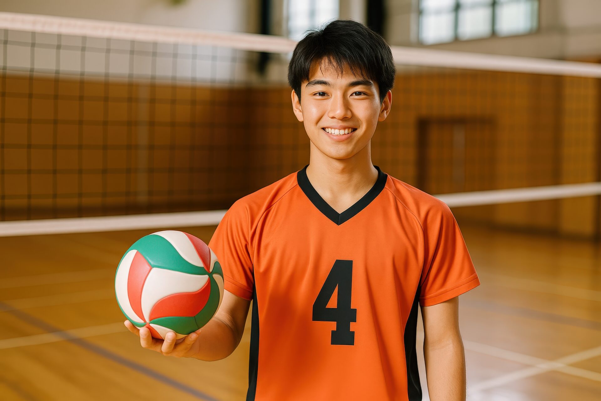 バレーボールを手に微笑むオレンジユニフォームの高校生