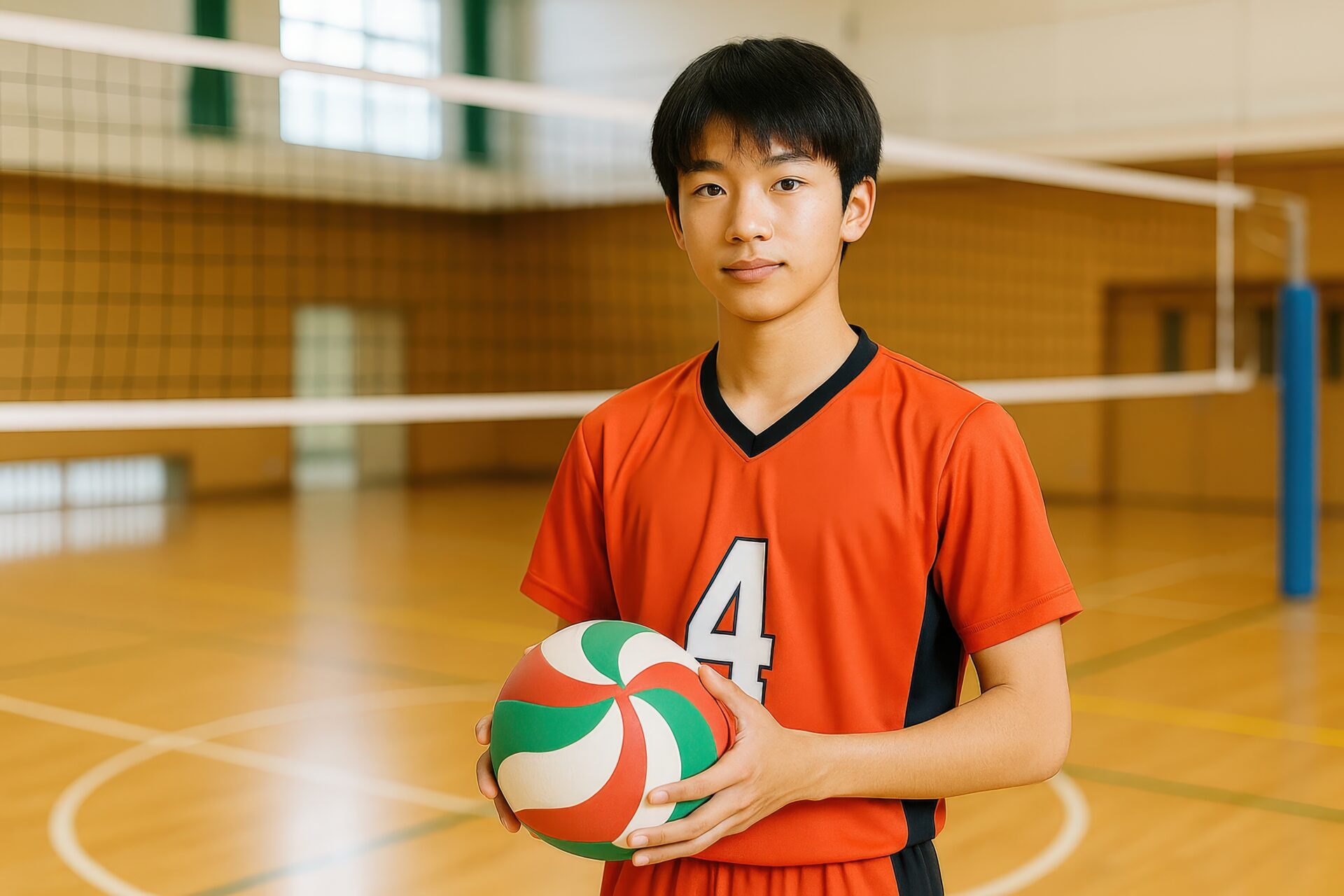 赤いユニフォームでバレーボールを持つ男子生徒